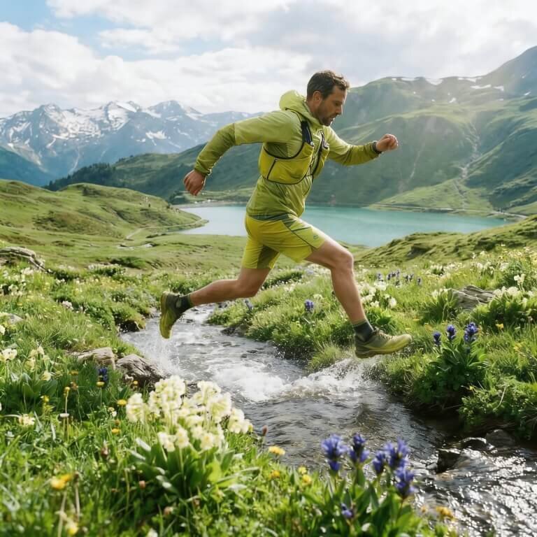 Mann springt über Bach in Berglandschaft.