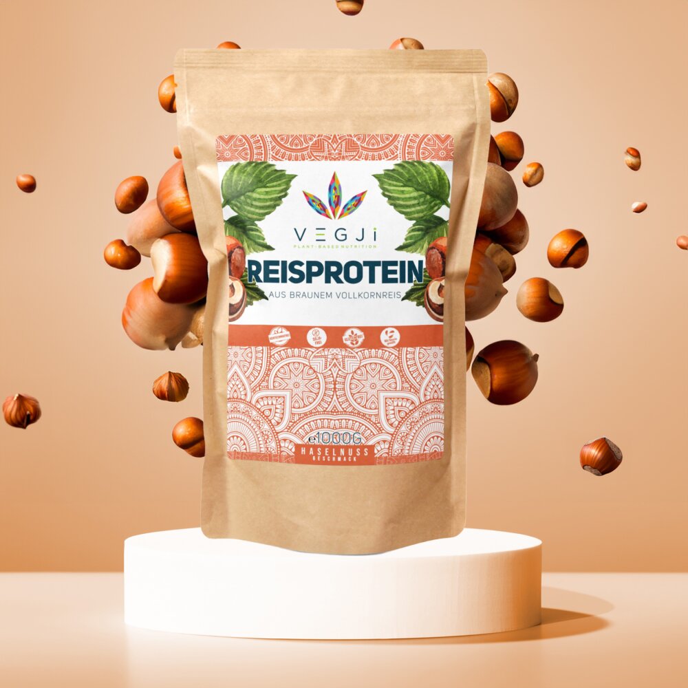 Reisproteinpulver Haselnuss, extra Cremig, 84% Proteingehalt, aus braunem Vollkornreis | Vegan | VEGJi
