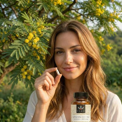 VEGJi Vitamin D3 + K2, Frau mit Produktflasche