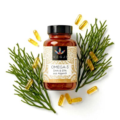Omega-3 Kapseln aus Algenöl, vegan, reich an DHA...