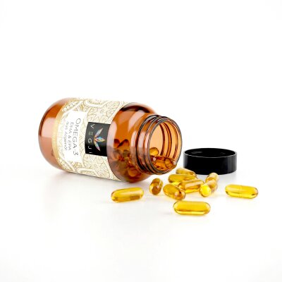 VEGJi Omega-3 Algenöl, geöffnete Flasche mit...
