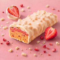 Crunchy Erdbeer Bio Proteinriegel mit fruchtiger Erdbeerschicht, knusprigen Crispies und heller Glasur