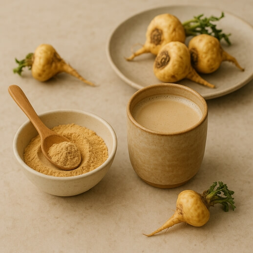VEGJi Bio Macapulver zubereitet in Tasse mit Macaknollen und Macapulver daneben liegend.