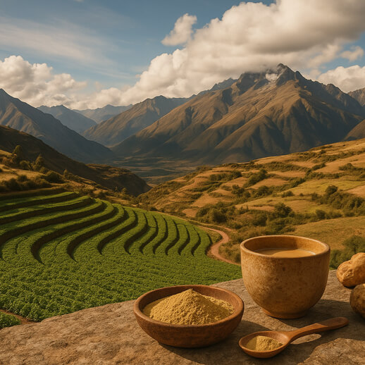 Macapulver zubereitet in Tasse, im Hintergrund Berge und Macafelder.