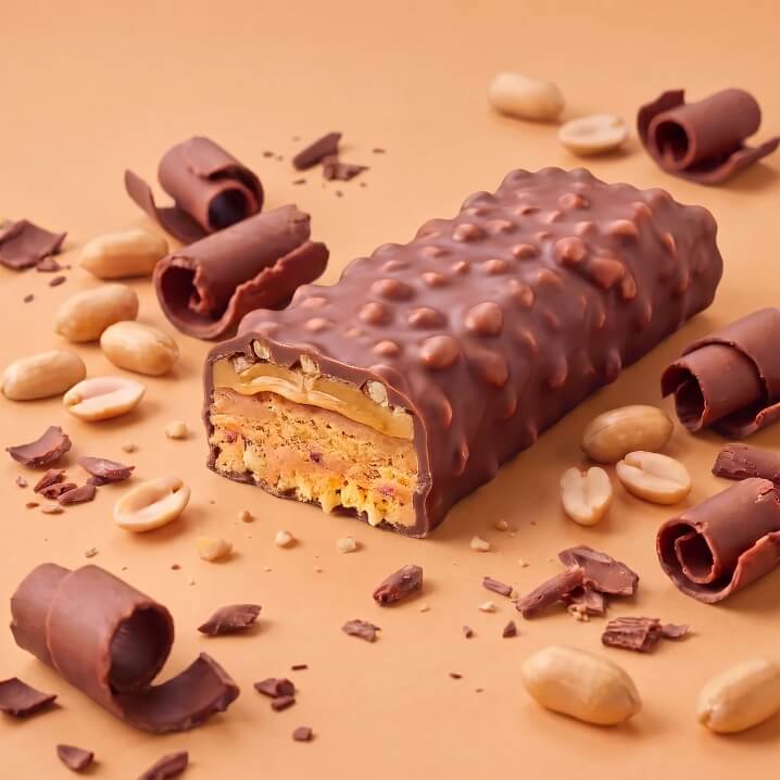 Angeschnittener VEGJi Crunchy Peanut Bio Proteinriegel mit Erdnusscreme und knusprigen Crispies