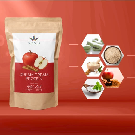 Vegan Dream Cream Protein, Sorte Apfel-Zimt, Bilder mit Zutaten