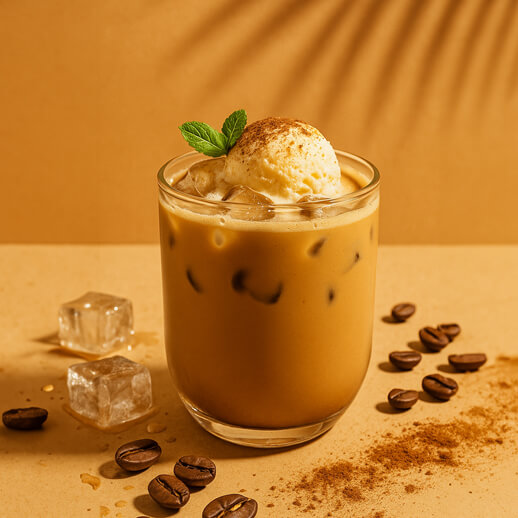 Dream Cream Protein Iced Coffee zubereitet im Glas mit einer Kugel Vanilleeis