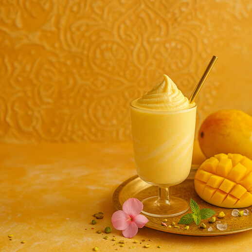 Dream Cream Protein Mango-Lassi zubereitet im Glas mit frischer Mango und Eiswürfeln daneben.