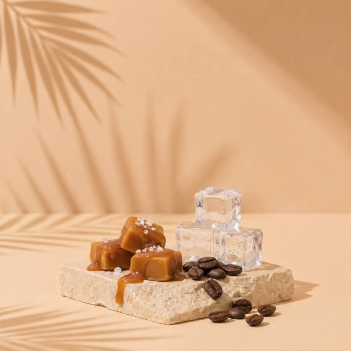 Dream Cream Protein - Salz-Karamell-Würfel mit Eiswürfeln und Kaffebohnen