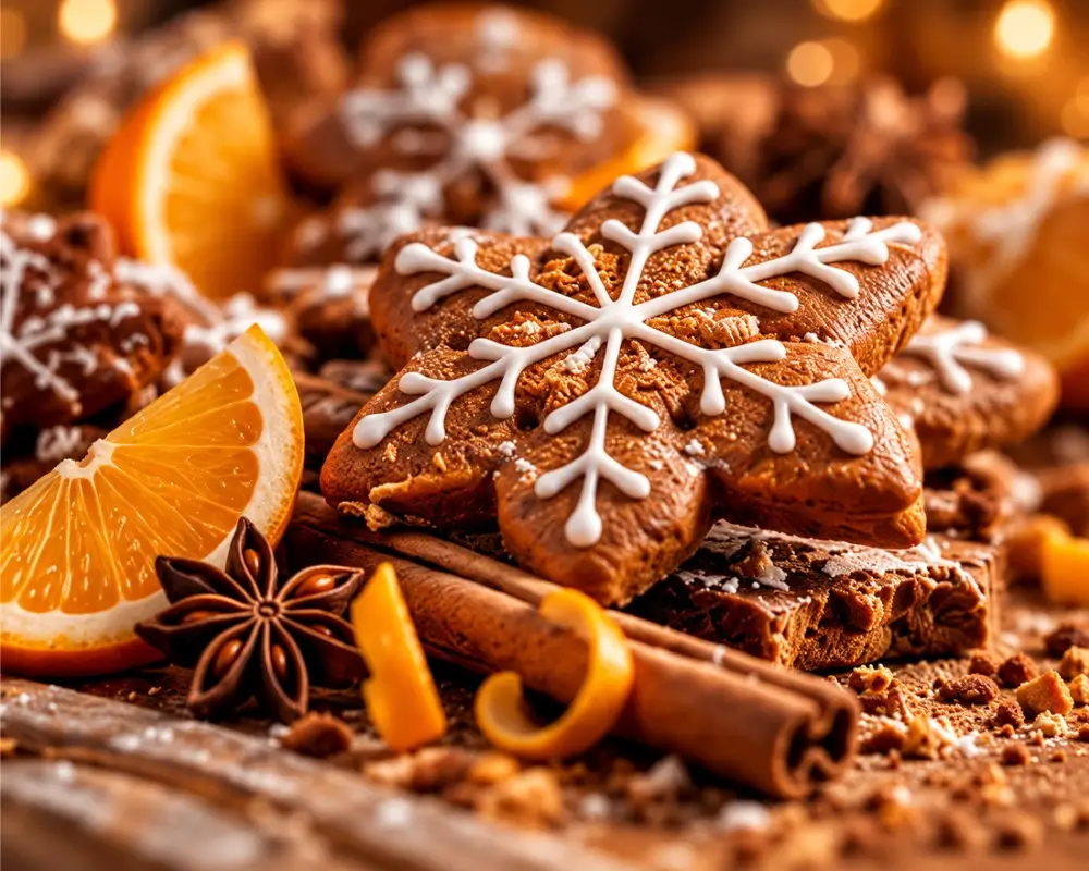 Lebkuchengebäck mit Orangenscheiben als Geschmacksillustration
