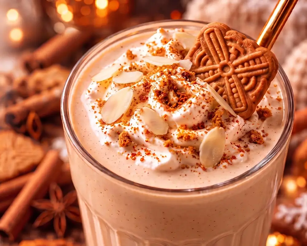 Cremiger Spekulatius-Proteinshake mit Keks und Mandelblättchen als Serviervorschlag